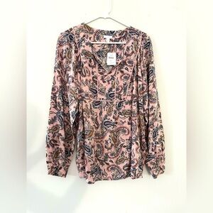 NWT J. Jill Long Sleeve V-neck Blouse Floral Paisley Pink Blue Boho Size M
